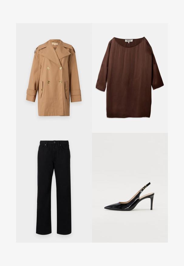 Rudas dvigubas trenčiotas paltas, pagamintas iš medvilnės. Yra dideli auksiniai mygtukai, plačios apykaklės ir dvi priekinės kišenės. Vidutinio ilgio rankovės.; Ruda, laisvai priglundanti bliuska su plačiu laiviniu kaklu ir trijų ketvirčių rankovėmis, pagaminta iš lygaus, tekstūruoto audinio. Viršus turi subtilių raukšlelių.; Juodos tiesaus kirpimo džinsai, pagaminti iš medvilnės, su priekiniais mygtukais, diržo kilpomis ir penkiomis kišenėmis. Lygaus paviršiaus, be raštų.; Juodas lakinės odos slingback batelis su smailiu nosiu, plonu kulnu ir subtiliu išpjovos dizainu. Yra auksinė sagtis ant dirželio.