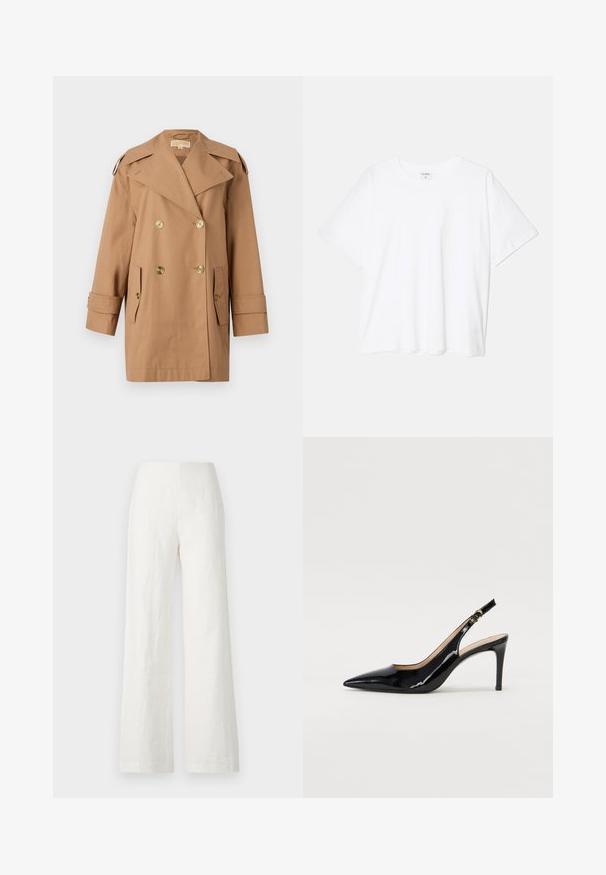 Rjav dvoredni trench plašč iz bombaža. Opremljen z velikimi zlatimi gumbi, širokimi reverji in dvema sprednjima žepoma. Srednje dolgi rokavi.; Bela bombažna majica s kratkimi rokavi, okroglim izrezom, sproščenim krojem in šivanim robom. Oznaka vidna na notranji strani izreza.; Bele hlače iz usnjene krpe širokega kroja z gladko teksturo in visokim pasom. Imajo preprost in čist silhuet brez okrasnih elementov.; Črne lakirane slingback čevlje z izostrenim nosom, ozkim peto in subtilnim izrezom. Na traku je zlata sponka.