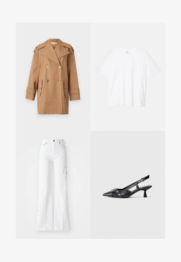 Ruskea kaksirivinen trench-takki, joka on valmistettu puuvillasta. Varustettu suurilla kultaisilla nappeilla, leveillä kauluksilla ja kahdella etutaskulla. Puolipitkät hihat.; Valkoinen puuvillapaita lyhyillä hihoilla, pyöreällä pääntiellä, rentoa tyyliä ja ommeltu helma. Tunniste näkyvissä sisäkauluksessa.; Valkoiset leveälahkeiset farkut, joissa on korkea vyötärö, hienovaraiset leikkuusuunnittelut ja viisi taskua. Metallinen nappi ja vetoketju kiinnitys.; Mustat nahkakengät, joissa on avonainen takaosa ja kärjessä terävä muoto, koristevyöt, joissa on metalliset reiät, sekä matala lohkoepohja. Teksturoitu pinta.