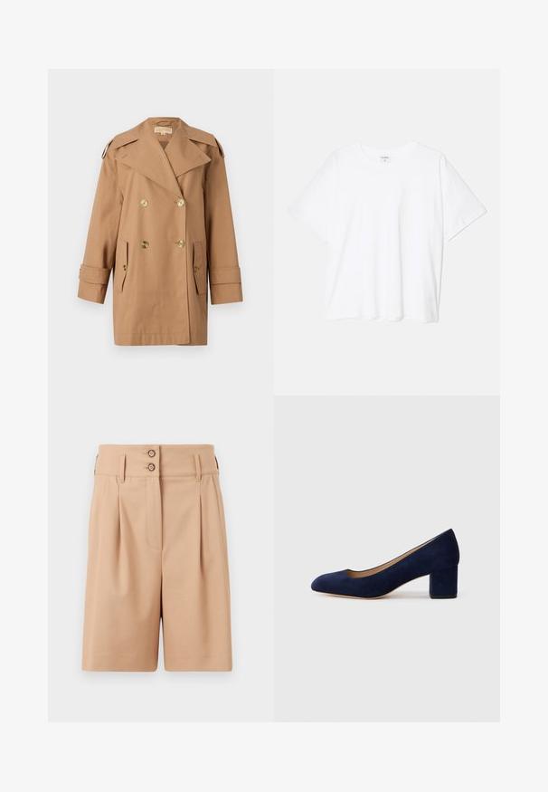 Cabrinha castanha de tranché de dupla face feita de algodão. Apresenta grandes botões dourados, lapelas largas e dois bolsos frontais. Mangas de comprimento médio.; T-shirt de algodão branco com mangas curtas, decote redondo, corte descontraído e bainha cosida. Etiqueta visível no interior do pescoço.; Calças curtas bege com cintura alta, duas pregas frontais e dois fechos de botão na cintura. O tecido parece suave e estruturado.; Salgados de camurça azul-marinho com bico fino e um salto quadrado de altura média. Textura suave com um ligeiro brilho e um pequeno corte na parte da frente.