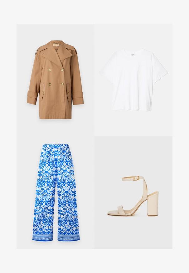 Bruine dubbele trenchcoat gemaakt van katoen. Voorzien van grote gouden knopen, brede revers en twee voorzakken. Middellange mouwen.; Witte katoenen t-shirt met korte mouwen, ronde halslijn, comfortabele pasvorm en gestikte zoom. Etiket zichtbaar aan de binnenzijde van de hals.; Blauwe en witte wijde broek met elastische tailleband en ingewikkeld bloemen damastpatroon, met een decoratieve rand nabij de zoom.; Beige hoge hakken sandaal met een vierkante neus, dunne enkelband en blokhak. Gladde leren textuur met een gouden sluiting.