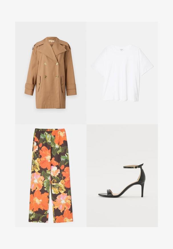 Brūns dubultās krūtis pūķis, kas izgatavots no kokvilnas. Iespējas ietver lielus zeltainus pogas, plašus atlokos un divas priekšējās kabatas. Pusgaras piedurknes.; Balta kokvilnas T-krekls ar īsām piedurknēm, apaļu dekoltē, brīva piegriezuma un šūtu apakšmalu. Etiķete redzama iekšējā kakla daļā.; Stine Goya FATOU STRUCTURE STRETCH - Auduma bikses - summer night; Melnas ādas augstpapēžu sandales ar potītes siksniņu. Iezīmes gluda tekstūra, atvērta purngala un plāna papēža. Zelta krāsas sprādzes detaļa.