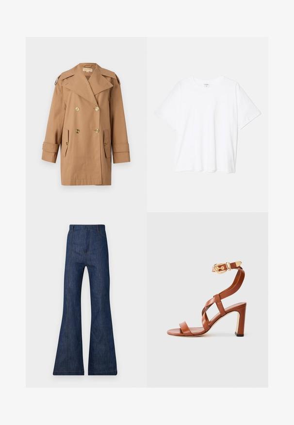 Brūns dubultās krūtis pūķis, kas izgatavots no kokvilnas. Iespējas ietver lielus zeltainus pogas, plašus atlokos un divas priekšējās kabatas. Pusgaras piedurknes.; Balta kokvilnas T-krekls ar īsām piedurknēm, apaļu dekoltē, brīva piegriezuma un šūtu apakšmalu. Etiķete redzama iekšējā kakla daļā.; Tumši zili denima flared džinsi ar augstu jostu, ar redzamu šuvju un divām priekšējām kabatām. Gluda tekstūra un plata kāju atvere.; Brūnas ādas papēžu sandeļi ar siksniņu dizainu un potītes sprādzi. Iespējas ar slēgtu aizmuguri un augstu, masīvu papēdi. Gluda tekstūra.