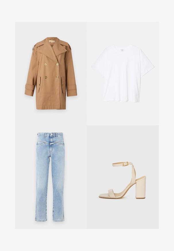 Cabrinha castanha de tranché de dupla face feita de algodão. Apresenta grandes botões dourados, lapelas largas e dois bolsos frontais. Mangas de comprimento médio.; T-shirt de algodão branco com mangas curtas, decote redondo, corte descontraído e bainha cosida. Etiqueta visível no interior do pescoço.; Jeans de denim azul-claro com cintura alta e corte reto. Apresentam um desvanecimento subtil, design padrão de cinco bolsos e fecho de botão de metal.; Sandalha de salto alto bege com bico quadrado, tira fina no tornozelo e salto bloco. Textura de couro suave com detalhe de fivela dourada.