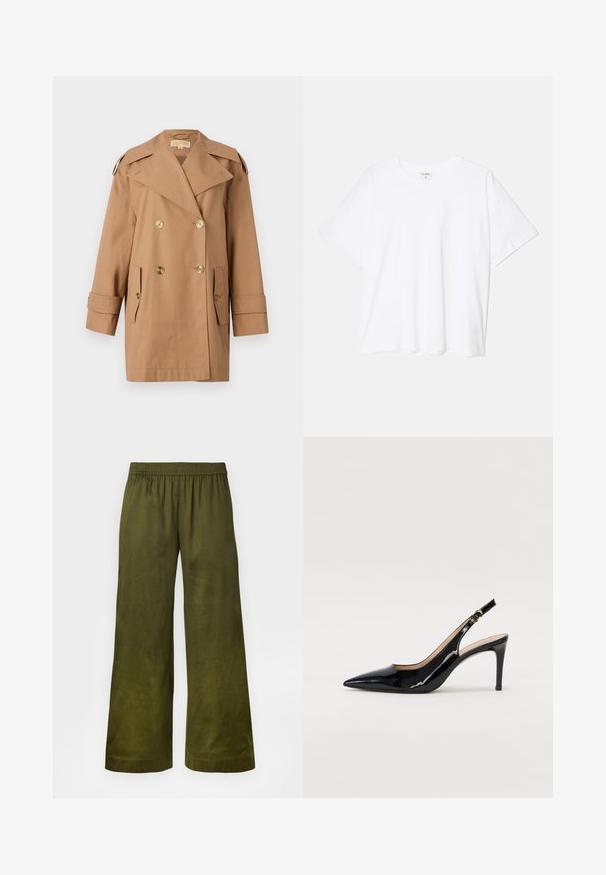 Cappotto trench doppiopetto marrone realizzato in cotone. Caratterizzato da grandi bottoni dorati, ampi risvolti e due tasche frontali. Maniche di lunghezza intermedia.; T-shirt bianco in cotone con maniche corte, scollo rotondo, vestibilità comoda e orlo cucito. Etichetta visibile all'interno del colletto.; Pantaloni a gamba larga realizzati in tessuto verde oliva con vita elastica e una texture liscia. Nessun motivo o dettaglio visibile.; Pumps slingback in pelle verniciata nera con punta affilata, tacco sottile e un design con ritagli delicati. Caratterizzate da una fibbia dorata sul cinturino.