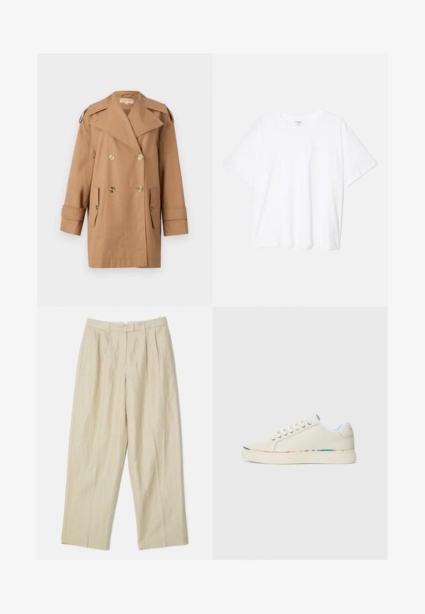 Bruine dubbele trenchcoat gemaakt van katoen. Voorzien van grote gouden knopen, brede revers en twee voorzakken. Middellange mouwen.; Witte katoenen t-shirt met korte mouwen, ronde halslijn, comfortabele pasvorm en gestikte zoom. Etiket zichtbaar aan de binnenzijde van de hals.; Beige linnen broek met een wijd uitlopende snit, voorzien van voorplooien, zijzakken en een soepele textuur. Klassieke snit en veelzijdige stijl.; Off-white laag-top sneaker met vetersluiting, witte binnenvoering en subtiele multicolor rand langs de zool, zijaanzicht.