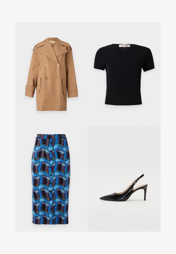 Barna, dupla gombos esőkabát, amely pamutból készült. Nagy arany gombokkal, széles hajtókákkal és két elülső zsebbel rendelkezik. Közepes hosszúságú ujjak.; Fekete, rövid ujjú póló V-nyakkivágással, sima, rugalmas anyagból készült. Egyszerű, klasszikus fazonnal rendelkezik, díszítések nélkül.; Térd hosszúságú, kék szoknya színes hullámmintával, fekete derékkal, elől gombokkal és két oldalsó zsebbel.; Fekete lakk bőr kötött magassarkú cipő, hegyes orral és karcsú sarokkal, finom kivágásos dizájnnal. Az övön arany csatt található.