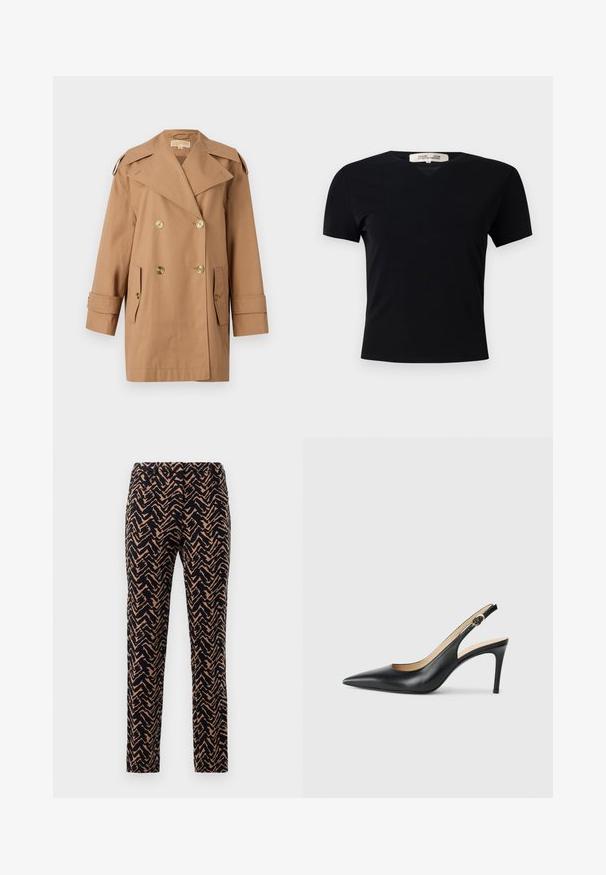 Brūns dubultās krūtis pūķis, kas izgatavots no kokvilnas. Iespējas ietver lielus zeltainus pogas, plašus atlokos un divas priekšējās kabatas. Pusgaras piedurknes.; Melnā īsām piedurknēm t-krekls ar V-veida kakla izgriezumu, izgatavots no gluda, elastīga auduma. Piedāvā vienkāršu, klasisku siluetu bez rotājumiem.; Šauras piegriezums bikses ar zigzag rakstu, tumši zila un brūngana krāsa, ar gludu tekstūru un standarta jostasvietu.; Melnas ādas sandales ar augstiem papēžiem un norādītu degunu, regulējama josta un elegants stiletto papēdis, kas izceļas ar gludu apdari.