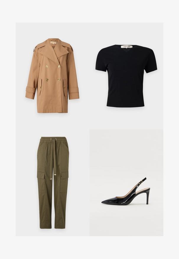 Brown double-breasted trench coat made of cotton. Features large gold buttons, wide lapels, and two front pockets. Mid-length sleeves.; Black short-sleeve t-shirt with a V-neck design, made of a smooth, stretchy fabric. Features a simple, classic silhouette without embellishments.; Olive green cargo pants with an elastic waistband, drawstring, two side pockets, and two cargo pockets, featuring a smooth cotton texture.; Black patent leather slingback pump with pointed toe, slim heel, and a subtle cutout design. Features a gold buckle on the strap.