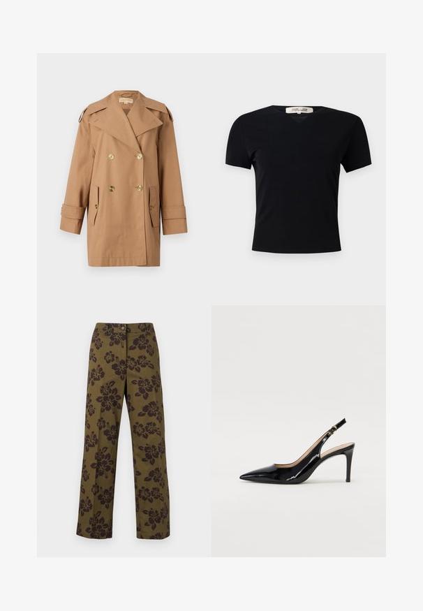 Brauner doppelter Trenchcoat aus Baumwolle. Mit großen goldenen Knöpfen, breiten Revers und zwei Fronttaschen. Mittellange Ärmel.; Schwarzes T-Shirt mit kurzen Ärmeln und V-Ausschnitt, aus einem glatten, elastischen Stoff hergestellt. Besitzt eine einfache, klassische Silhouette ohne Verzierungen.; Olivegrüne, weite Hosen aus Baumwolle mit einem dunklen Blumenmuster, einem Knopfverschluss und geradem Saum.; Schwarz lackierte Slingback-Pumps mit spitzem Zehenbereich, schlankem Absatz und einem subtilen Ausschnittdesign. Verfügt über eine goldene Schnalle am Riemen.