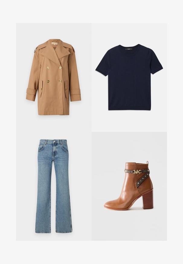 Brūns dubultās krūtis pūķis, kas izgatavots no kokvilnas. Iespējas ietver lielus zeltainus pogas, plašus atlokos un divas priekšējās kabatas. Pusgaras piedurknes.; Tums zilā īsajām piedurknēm T-krekls, kas izgatavots no mīksta auduma, ar apaļu izgriezumu un ribotām malām, gluda tekstūra un bez redzamām rakstām.; Gaiši zili izplūduši džinsi no denima, ar jostu un pogu aizdari, piecām kabatām un klasisku izšūtu dizainu.; Brūni ādas potīšu zābaki ar uzkrātu bloku papēdi, sānu siksna ar zelta pīrsingiem un zelta "MK" logotipa sprādzi.