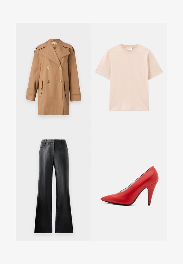 Hnedý dvojradový trenčkot vyrobený z bavlny. Obsahuje veľké zlaté gombíky, široké klopy a dve predné vrecká. Rukávy sú strednej dĺžky.; Tričko s krátkym rukávom v svetlo béžovej farbe, vyrobené z jemnej bavlny. Okrúhly výstrih, voľný strih, so strihaným lemom a bez vzorov alebo grafiky.; Čierne kožené rozšírené nohavice s hladkou textúrou, ktoré majú dve predné vrecká s čiernymi a hnedými akcentmi okolo pásu.; Červená kožená vysoká lodička s ostrou špičkou, elegantným siluetom, hladkou textúrou a tenkým čiernym podpätkom. Dizajn s stiletto podpätkom.