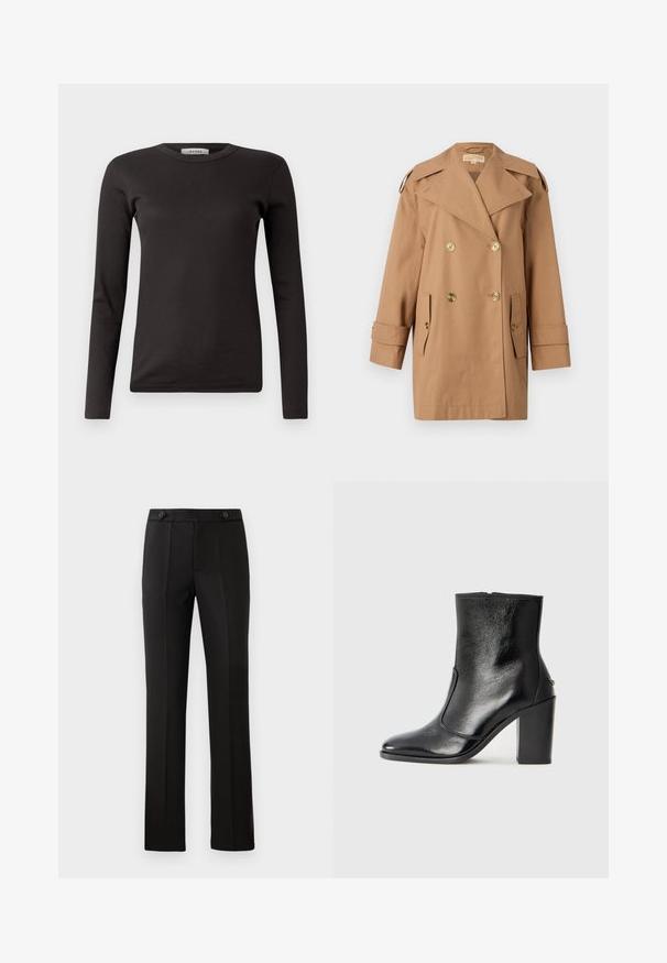 Pruun topeltkliendiga vihmamantel, mis on valmistatud puuvillast. Omab suuri kuldseid nööpe, laiu krae ja kahte esikotti. Keskmise pikkusega varrukad.; Must toki musta pika varrukaga ribatud T-särk ümmarguse kaelusega, pehmest kangast, lihtsa disainiga ilma dekoreerivate elementide või mustriteta.; Mustad kohandatud püksid sirge säärega, kahe esipocketiga, nup closure'iga ja volditud detailidega ees. Sile kangatekstuur.; Must kõvale nahast pahklipsu saapad, millel on sile tekstuur, terav varvas ja paks kõrge kann. Omab külgavatust ja minimalistlikku disaini.