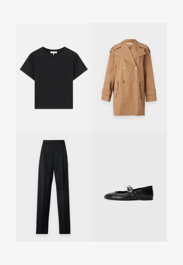 Brown double-breasted trench coat made of cotton. Features large gold buttons, wide lapels, and two front pockets. Mid-length sleeves.; Black cropped t-shirt made of cotton, featuring a round neckline, short sleeves, and a simple design with no patterns or embellishments.; Black trousers made from smooth fabric featuring a high waist, wide legs, front pleats, and classic belt loops. No side pockets visible.; Black leather ballet flats with a pointed toe, featuring a strap with a circular metallic buckle and a flat sole.