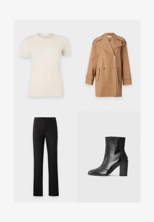 Brown double-breasted trench coat made of cotton. Features large gold buttons, wide lapels, and two front pockets. Mid-length sleeves.; Light beige short-sleeve t-shirt with a crew neck. Smooth cotton fabric, slim fit, and a small logo detail near the hem.; Black tailored trousers with a straight leg, two front pockets, a button closure, and pleat detailing on the front. Smooth fabric texture.; Black leather ankle boot with a smooth texture, pointed toe, and a chunky high heel. Features a side opening and minimalistic design.