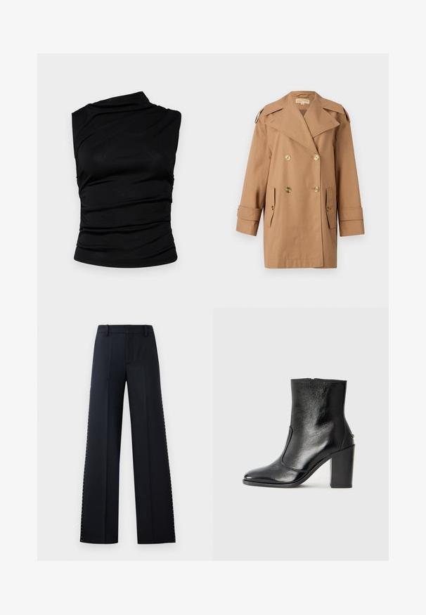 Hnedý dvojradový trenčkot vyrobený z bavlny. Obsahuje veľké zlaté gombíky, široké klopy a dve predné vrecká. Rukávy sú strednej dĺžky.; Čierny tielko bez rukávov s asymetrickým výstrihom, so zhrnutou tkaninou pre textúru a priliehavým strihom. Hladký, elastický materiál.; Široké nohavice v čiernej farbe. Strih prispôsobený postave s hladkou textúrou. Obsahujú radu kovových cvokov popri švíkoch pre detail.; Čierna kožená kotníková obuv s hladkým povrchom, špicatou špičkou a masívnym vysokým podpätkom. Zdobená bočným otvorom a minimalistickým dizajnom.