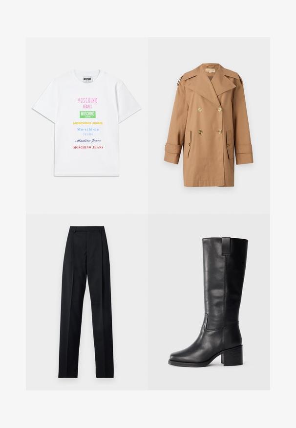 Brown double-breasted trench coat made of cotton. Features large gold buttons, wide lapels, and two front pockets. Mid-length sleeves.; White cotton t-shirt featuring multiple text logos in pink, green, yellow, blue, and red, arranged vertically on the front.; Black trousers made from smooth fabric featuring a high waist, wide legs, front pleats, and classic belt loops. No side pockets visible.; Black leather knee-high boots with a smooth texture, square toe, block heel, and side pull tab, featuring minimal stitching details.