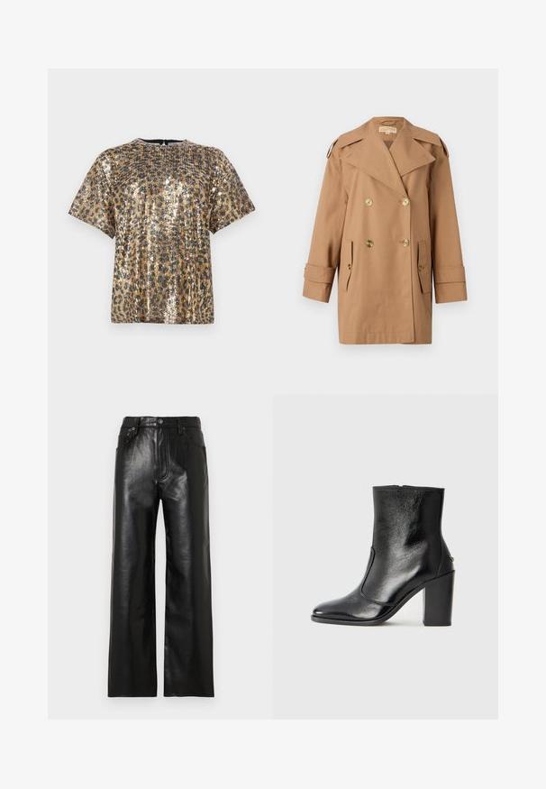 Trench coat marrón de doble botonadura hecho de algodón. Presenta grandes botones dorados, amplias solapas y dos bolsillos frontales. Mangas de longitud media.; Top de lentejuelas con un patrón de estampado de leopardo, que cuenta con mangas cortas, un escote redondo y una combinación de colores metálicos en oro y negro.; Pantalones anchos de cuero negro con acabado brillante, con bolsillos delanteros, cremallera y cierre de botón. Textura suave en toda la prenda.; Botín negro de cuero con textura suave, puntera puntiaguda y un tacón alto y robusto. Presenta una apertura lateral y un diseño minimalista.