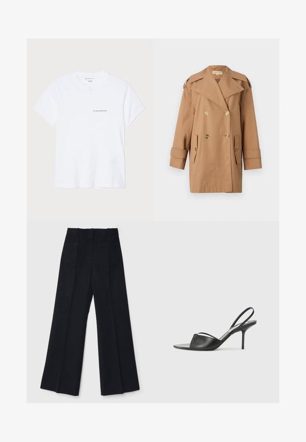 Rudas dvigubas trenčiotas paltas, pagamintas iš medvilnės. Yra dideli auksiniai mygtukai, plačios apykaklės ir dvi priekinės kišenės. Vidutinio ilgio rankovės.; Balta medvilninė marškinėliai su trumpomis rankovėmis, apvaliu iškirpimu ir mažu juodu "VICTORIA BECKHAM" logotipu ant krūtinės. Minimalistinis dizainas.; Juodi plačių kojų kelnes, pagamintas iš lygios medžiagos, su aukštu liemeniu, dviem užpakalinėmis kišenėmis ir subtiliomis priekinėmis raukšlėmis, suteikiančiomis papildomą formą.; Juodos odinės slingback aukštakulnės bateliai su smailiu priekiniu galu, plona kulkšnies juostele ir stiletto kulnu. Papuošti mazginio detalė vampyro dalyje.