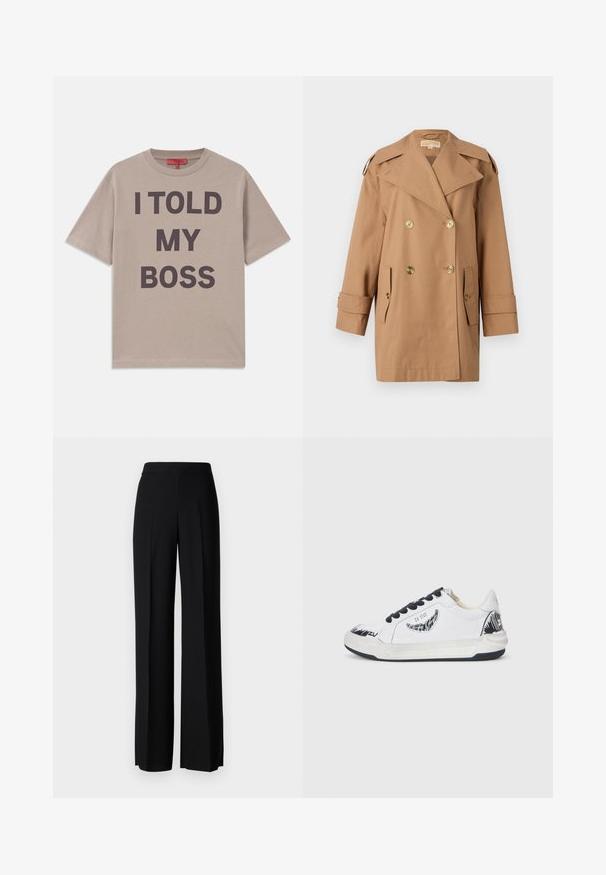 Brun dobbeltbrystet trenchcoat lavet af bomuld. Har store guldknapper, brede revers og to forlommer. Mellemlange ærmer.; Beige bomulds t-shirt med korte ærmer og rund halsudskæring, prydet med fed mørk tekst: "JEG SAGDE TIL MIN CHEF" trykt tydeligt på forsiden.; Sorte vide benbukser med en glat tekstur, der har en høj talje og centerfolder. Ingen synlige mønstre eller hardware detaljer.; Hvide sneakers med sorte accenter, som har et struktureret design på siden, sorte snørebånd og en gummisål. Logo og kunstværk på overdelen.