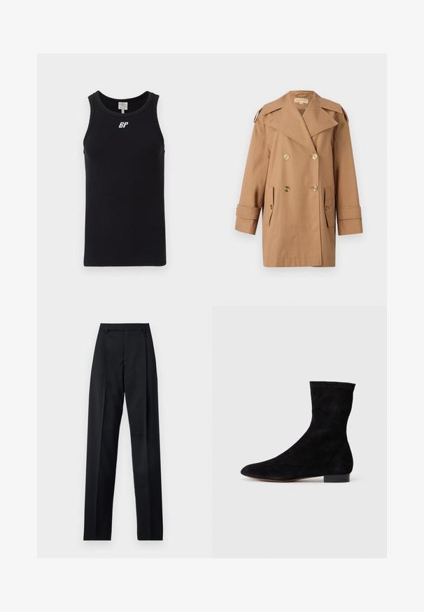 Barna, dupla gombos esőkabát, amely pamutból készült. Nagy arany gombokkal, széles hajtókákkal és két elülső zsebbel rendelkezik. Közepes hosszúságú ujjak.; Fekete ujjatlan tank top bordás anyagból, kerek nyakkivágással és fehér logóval a mellrészen. Egyszerű, mintás design nélkül.; Fekete nadrág sima anyagból, magas derékkal, széles lábakkal, elülső redőkkel és klasszikus övhurkokkal. Oldalzsebek nem láthatók.; Fekete velúr bokacsizma, illeszkedő szárral, hegyes orral és alacsony blokk sarokkal. Simább felület és minimalista dizájn, amely sokoldalú stílushoz megfelelő.