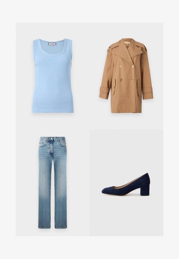 Brauner doppelter Trenchcoat aus Baumwolle. Mit großen goldenen Knöpfen, breiten Revers und zwei Fronttaschen. Mittellange Ärmel.; Hellblaues, geripptes Tanktop mit rundem Halsausschnitt und welligem Saum. Verfügt über ein gesticktes Logo auf der Vorderseite und eine figurbetonte Silhouette.; Hellblaue gerade geschnittene Jeans aus Denim mit dezentem Verblassen, klassischem Fünf-Taschen-Design und einem Metallknopfverschluss an der Taille.; Marineblaue Wildleder-Pumps mit spitzem Zehenbereich und einem mittelhohen Blockabsatz. Glatte Textur mit einem subtilen Glanz und einem kleinen Ausschnitt an der Vorderseite.