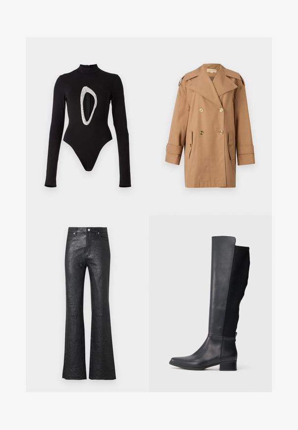 Cappotto trench doppiopetto marrone realizzato in cotone. Caratterizzato da grandi bottoni dorati, ampi risvolti e due tasche frontali. Maniche di lunghezza intermedia.; Body a manica lunga nera con collo alto, caratterizzato da un grande taglio ovale scintillante sul davanti. Tessuto liscio con gambe alte.; Pantaloni in pelle nera a zampa d'elefante con texture stropicciata, vita alta, tasche frontali e chiusura classica con bottone e zip.; Stivale alto in pelle nera e tessuto con tacco basso a blocco e punta arrotondata, mostrato in profilo laterale su sfondo bianco.