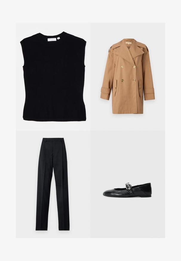 Brown double-breasted trench coat made of cotton. Features large gold buttons, wide lapels, and two front pockets. Mid-length sleeves.; Black sleeveless top made of knit fabric, featuring a round neckline and a fitted silhouette with smooth texture. Label at the back.; Black trousers made from smooth fabric featuring a high waist, wide legs, front pleats, and classic belt loops. No side pockets visible.; Black leather ballet flats with a pointed toe, featuring a strap with a circular metallic buckle and a flat sole.