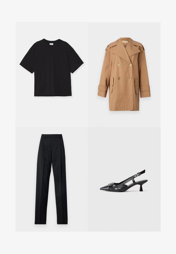 Bruine dubbele trenchcoat gemaakt van katoen. Voorzien van grote gouden knopen, brede revers en twee voorzakken. Middellange mouwen.; Zwarte korteyls T-shirt van katoen. Het heeft een comfortabele pasvorm, ronde halslijn en geen zichtbare patronen of versieringen.; Zwarte broek gemaakt van gladde stof met een hoge taille, wijde benen, voorplooien en klassieke ceintuurlussen. Geen zijzakken zichtbaar.; Zwarte leren slingback schoen met een puntige neus, decoratieve banden met metalen oogjes en een lage blokhak. Textuur oppervlak.