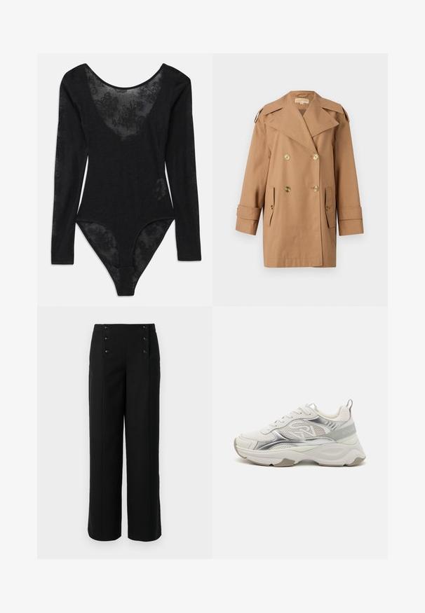 Brown double-breasted trench coat made of cotton. Features large gold buttons, wide lapels, and two front pockets. Mid-length sleeves.; Black bodysuit with long sleeves and a deep scoop neckline. Features sheer floral lace panel at the front and textured fabric throughout.; Black wide-leg trousers made of smooth fabric, featuring a high waist and five front buttons for closure. Elegant, tailored design.; White athletic sneakers with shiny silver accents, mesh panels, and a thick sole. Features a logo on the side and a textured heel tab.