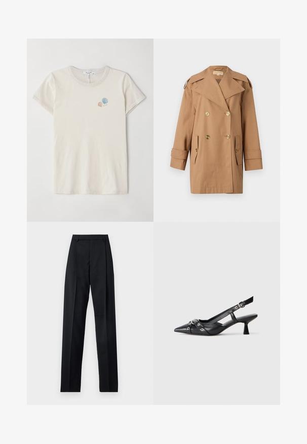 Rjav dvoredni trench plašč iz bombaža. Opremljen z velikimi zlatimi gumbi, širokimi reverji in dvema sprednjima žepoma. Srednje dolgi rokavi.; Svetlo bež bombažna majica s krojem okroglega izreza in kratkimi rokavi. Vsebuje majhne vezenine školjk v pastelnih barvah.; Črne hlače iz gladkega materiala, ki imajo visok pas, široke noge, sprednje nabore in klasične zanke za pas. Nevidni stranski žepi.; Črne usnjene sandale središnje zaponke z ostro konico, okrasnimi trakovi z kovinskimi očesi in nizko blokasto peto. Teksturirana površina.