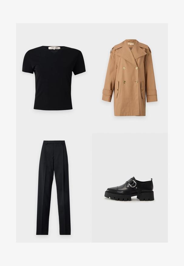 Hnedý dvojradový trenčkot vyrobený z bavlny. Obsahuje veľké zlaté gombíky, široké klopy a dve predné vrecká. Rukávy sú strednej dĺžky.; Čierne tričko s krátkym rukávom a výstrihom do V, vyrobené z hladkej, elastickej textílie. Má jednoduchý, klasický strih bez zdobenia.; Čierne nohavice vyrobené z hladkej látky s vysokým pásom, širokými nohavicami, prednými záhybmi a klasickými pútkami na opasok. Žiadne bočné vrecká nie sú viditeľné.; Čierne kožené topánky s hrubou, rebrovanou podrážkou, vyznačujúce sa okrúhlou striebornou kovovou ozdobou a minimálnym prešívaním.