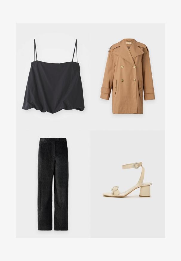 Pruun topeltkliendiga vihmamantel, mis on valmistatud puuvillast. Omab suuri kuldseid nööpe, laiu krae ja kahte esikotti. Keskmise pikkusega varrukad.; Mustavärviline ilma varrukateta topp, millel on õhukesed rihmad, laialdane lõige ja kokku kogutud ääre. Valmistatud kergest kangast, millel on sile tekstuur.; Mustad, tekstureeritud laiad püksid mustas värvuses, millel on väljendunud kudumine, eessuud ja lame vöökoht. Klassislik disain mitmekesiseks kasutamiseks.; Beeži kõrge kontsaga sandaalid minimalistliku disainiga, millel on kaks ümmargust aksessuaari ja paks konts. Valmistatud siledast nahast.