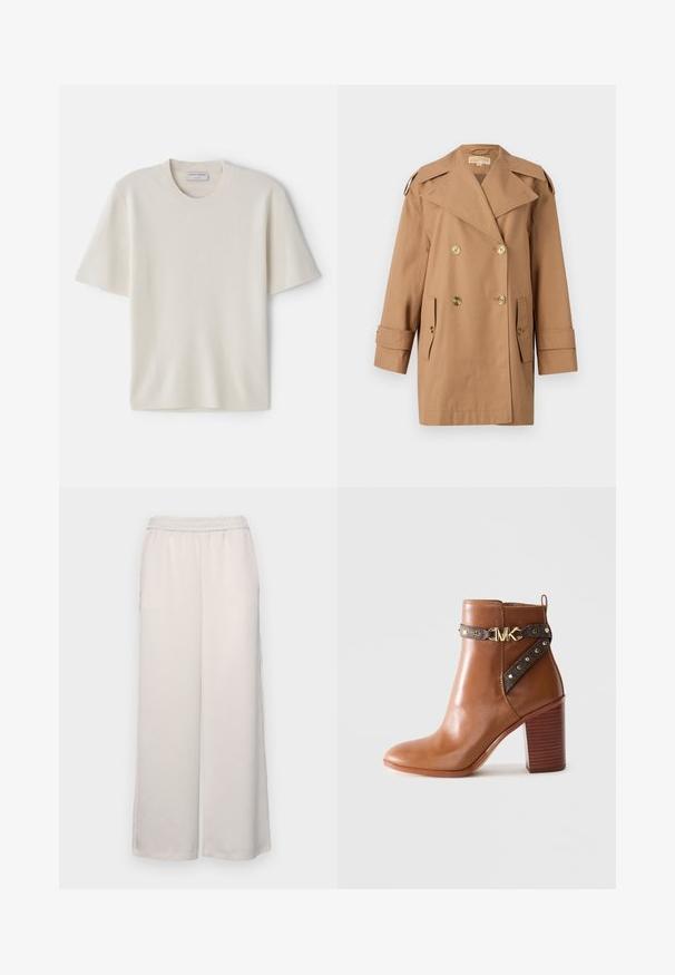 Brūns dubultās krūtis pūķis, kas izgatavots no kokvilnas. Iespējas ietver lielus zeltainus pogas, plašus atlokos un divas priekšējās kabatas. Pusgaras piedurknes.; Krēmveidīga T-kreklu ar īsām piedurknēm, apaļo kakla izgriezumu, izgatavota no mīksta materiāla, ar taisnu griezumu un minimālu dekoru.; Gaiši bēšas platās bikses ar elastīgu jostasvietu. Gluda auduma, pilnas garuma, bez redzamām rotājumiem vai rakstiem.; Brūni ādas potīšu zābaki ar uzkrātu bloku papēdi, sānu siksna ar zelta pīrsingiem un zelta "MK" logotipa sprādzi.