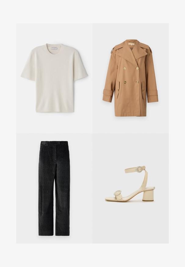 Barna, dupla gombos esőkabát, amely pamutból készült. Nagy arany gombokkal, széles hajtókákkal és két elülső zsebbel rendelkezik. Közepes hosszúságú ujjak.; Krém színű, rövid ujjú póló, kerek nyakkivágással, puha anyagból készült, egyenes szabású és minimális díszítéssel rendelkezik.; Fekete, textúrált, bő szárú nadrág, hangsúlyos szövettel, elülső redőkkel és lapos derékpánttal. Klasszikus dizájn, amely sokoldalúságot biztosít.; Krémszínű, magassarkú szandál, minimalista dizájnnal, két kör alakú díszítéssel és vastag sarokkal. Simító bőrből készült.