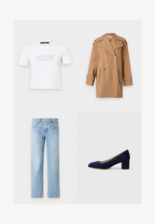 Brown double-breasted trench coat made of cotton. Features large gold buttons, wide lapels, and two front pockets. Mid-length sleeves.; White short-sleeve t-shirt made of cotton, featuring a studded logo design in silver on the front. Simple crew neck and relaxed fit.; Light blue denim jeans with a straight fit, five-pockets, button and zipper closure, and a slightly faded finish.; Navy blue suede pump with a pointed toe and a mid-height block heel. Smooth texture with a subtle sheen and a small cutout at the front.