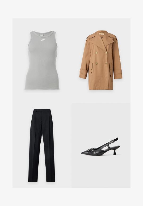 Hnedý dvojradový trenčkot vyrobený z bavlny. Obsahuje veľké zlaté gombíky, široké klopy a dve predné vrecká. Rukávy sú strednej dĺžky.; Šedý rebrovaný tielko s okrúhlym výstrihom a bezrukávovým dizajnom. Na prednej strane sa nachádza malé biele logo. Hladká, elastická tkanina.; Čierne nohavice vyrobené z hladkej látky s vysokým pásom, širokými nohavicami, prednými záhybmi a klasickými pútkami na opasok. Žiadne bočné vrecká nie sú viditeľné.; Čierne kožené slingback topánky s špicatou špičkou, ozdobnými popruhmi s kovovými očkami a nízkym blokovým podpätkom. Textúrovaný povrch.