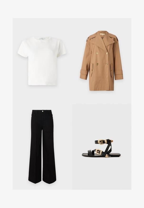 Bruine dubbele trenchcoat gemaakt van katoen. Voorzien van grote gouden knopen, brede revers en twee voorzakken. Middellange mouwen.; Witte katoenen t-shirt met korte mouwen, ronde halslijn en een relaxte pasvorm. Etiket zichtbaar aan de kraag, gladde textuur. Eenvoudig ontwerp, geen patronen.; Zwarte wijde jeans gemaakt van stevig materiaal, met een hoge taille, voorzakken en een knopen sluiting aan de voorkant. Rechte zoom aan de onderkant.; Zwarte leren sandaal met gouden gespaccenten, voorzien van meerdere banden en een vlakke zool voor open-teenschoen gebruik.