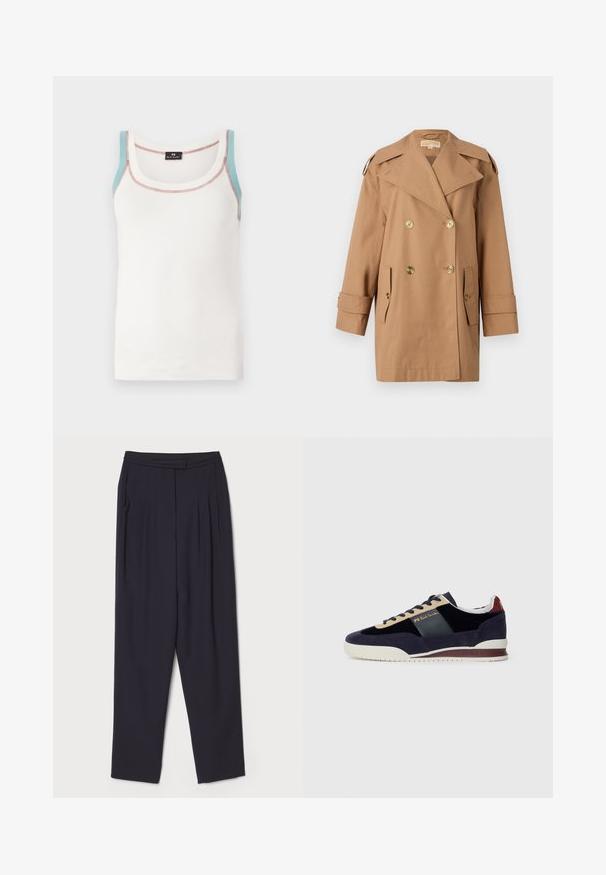 Pruun topeltkliendiga vihmamantel, mis on valmistatud puuvillast. Omab suuri kuldseid nööpe, laiu krae ja kahte esikotti. Keskmise pikkusega varrukad.; PS Paul Smith VEST - Topp - white; Tumed teksased pehmest kangast, millel on voldid ja sirge sääre disain, tavaline talje ja küljetaskud.; Tumesinine nahast tossud beige ja tumesiniste detailidega. Omab valget kummist tallat ja kuldset brändi tähist küljel. Klassikaline spordidisain.