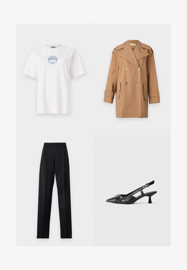 Rudas dvigubas trenčiotas paltas, pagamintas iš medvilnės. Yra dideli auksiniai mygtukai, plačios apykaklės ir dvi priekinės kišenės. Vidutinio ilgio rankovės.; Balta medvilninė marškinėliai su mėlyna dekoratyvine etikete, kurioje rašoma "Moschino Jeans Hotel", įsikūrusia krūtinės centre. Trumpomis rankovėmis.; Juodos kelnės iš lygaus audinio, pasižyminčios aukštu liemeniu, plačiomis kojomis, priekinėmis klostėmis ir klasikiais diržo kilpomis. Šoninių kišenių nematyti.; Juodas odinis slingback tipo batai su smailiu priekiniu atvartu, dekoratyvinėmis sagtimis su metaliniais akyčiais ir žemu blokiniu kulnu. Saldus paviršius.