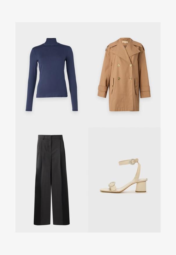 Brown double-breasted trench coat made of cotton. Features large gold buttons, wide lapels, and two front pockets. Mid-length sleeves.; WEEKEND MaxMara MULTIF - Long sleeved top - blu; Black wide-leg trousers with a high waist, featuring front pleats, a smooth texture, and a tailored finish. Designed for a relaxed fit.; Beige high-heeled sandals with a minimalist design, featuring two circular accents and a chunky heel. Made from smooth leather.