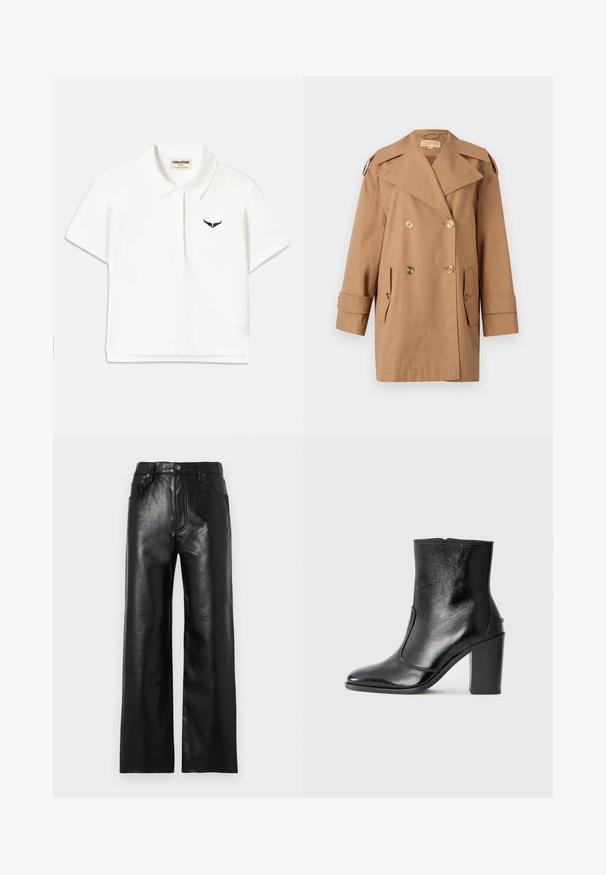Trench coat marrón de doble botonadura hecho de algodón. Presenta grandes botones dorados, amplias solapas y dos bolsillos frontales. Mangas de longitud media.; Camisa polo blanca de manga corta, con un logo negro en forma de ala en el lado izquierdo del pecho y un cuello clásico. Tejido suave.; Pantalones anchos de cuero negro con acabado brillante, con bolsillos delanteros, cremallera y cierre de botón. Textura suave en toda la prenda.; Botín negro de cuero con textura suave, puntera puntiaguda y un tacón alto y robusto. Presenta una apertura lateral y un diseño minimalista.