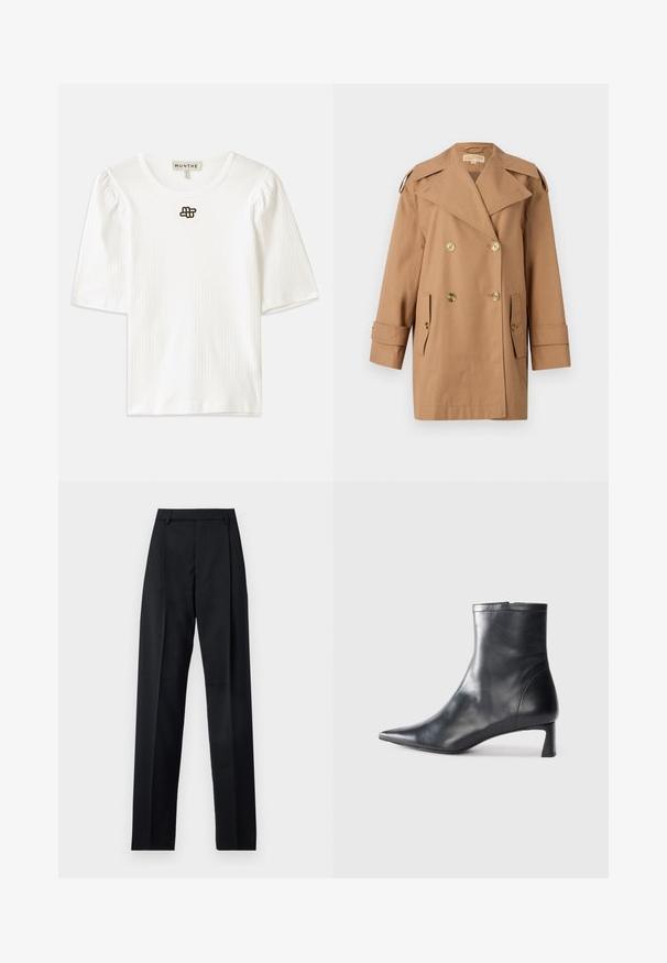 Rudas dvigubas trenčiotas paltas, pagamintas iš medvilnės. Yra dideli auksiniai mygtukai, plačios apykaklės ir dvi priekinės kišenės. Vidutinio ilgio rankovės.; Balta juostuota trumpa rankovė viršutinė dalis su apvaliu iškirpimu. Pabrėžia subtilios pūstos rankovės ir mažas rudos spalvos logotipo detalės priekinėje dalyje.; Juodos kelnės iš lygaus audinio, pasižyminčios aukštu liemeniu, plačiomis kojomis, priekinėmis klostėmis ir klasikiais diržo kilpomis. Šoninių kišenių nematyti.; Juodas odinis kulkšninis batas su smailiu pirštu ir elegantišku dizainu. Turi žemą kulną ir užtrauktuką gale. Lygi tekstūra.