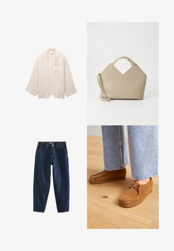 Kimono beige chiaro con maniche larghe, realizzato in tessuto testurizzato. Presenta due tasche frontali e un design aperto.; T-shirt bianco a maniche lunghe realizzato in morbido cotone, con scollo rotondo e design a spalla abbassata, dalla vestibilità comoda e senza motivi visibili.; Pantaloni in denim blu scuro con una vestibilità ampia, dotati di cinque tasche, passanti per cintura e cuciture gialle a contrasto. Tessuto pulito e texturato.; Scarpe marroni in suede con punta arrotondata e suola in gomma beige, caratterizzate da un semplice design con lacci, abbinate a pantaloni di jeans azzurri chiari.; Borsa a mano strutturata beige con un'apertura a V, in pelle liscia, manici corti e una lunga tracolla regolabile. Design minimalista.