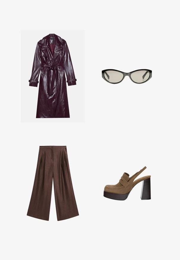 Even&Odd Trenčkot - bordeaux; Massimo Dutti FLOWING GARMENT WITH RUFFLES - Košilová halenka  - beige; Hnědé kalhoty se širokými nohavicemi vyrobené z texturované látky. Obsahují přední sklady, zapínání na knoflík a vysoký pas.; Hnědé semišové platformové podpatky s tlustým, vroubkovaným blokovým podpatkem a širokým páskem přes nárt, s kulatou špičkou.; Černé sluneční brýle ve stylu "kočičí oči" se šedými zabarvenými skly. Plastový rám má ostré hrany a hladký, lesklý povrch.