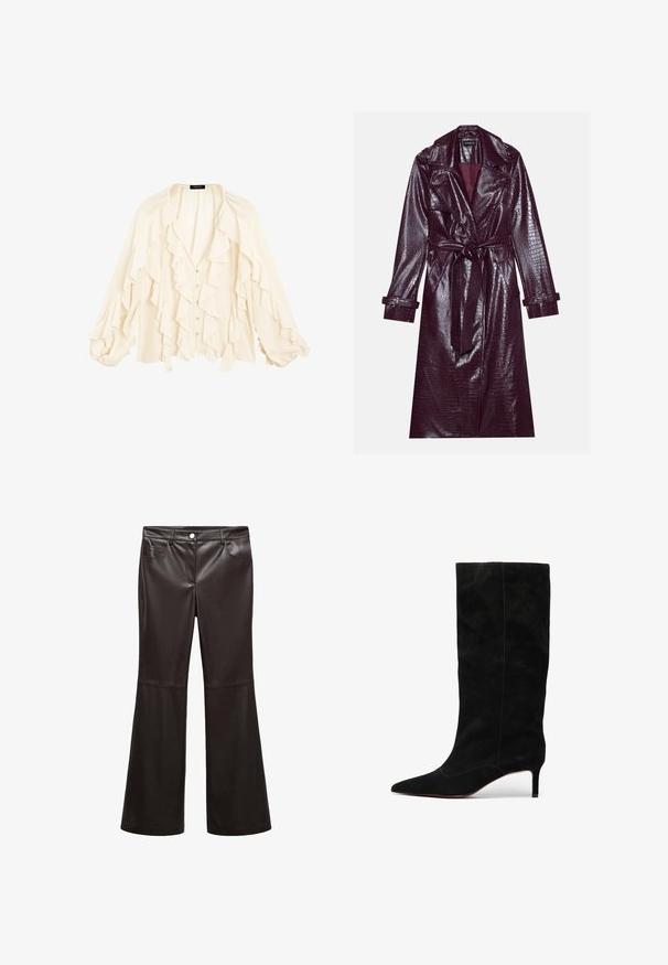 Even&Odd - Prochowiec; Massimo Dutti - Koszula; Czarna dzwonowata spodnie wykonane z gładkiej sztucznej skóry, z przednimi kieszeniami, zamkiem błyskawicznym i srebrnym guzikiem. Podkreślone detale przeszycia.; Czarne zamszowe botki do kolan z ostrym noskiem i smukłym obcasem w stylu stiletto. Charakteryzują się minimalną ilością szwów oraz gładką fakturą na całej powierzchni.