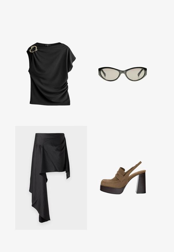 Even&Odd Trenchcoat - bordeaux; Svart blus i slätt tyg, med draperad design, korta ärmar och en unik guldfärgad detalj vid axeln.; Massimo Dutti FLOWING GARMENT WITH RUFFLES - Skjorta - beige; Svart omslagskjol gjort av mjukt, lätt tyg. Har en asymmetrisk fåll och rynkade detaljer vid midjan för en flödande silhuett.; Bruna mockaskinnsplatåklackar med en tjock, ribbad blockklack och ett brett band över ovandelen, med en rundad tådesign.; Svarta cat-eye solglasögon med gråtonade linser. Plastbågen har skarpa kanter och en slät, blank yta.
