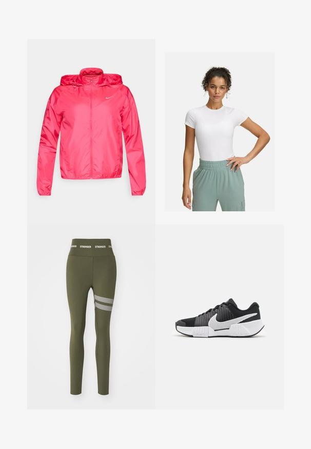 Różowa kurtka Nike wykonana z lekkiego materiału, z zippowanym przodem, regulowanym kapturem oraz elastycznymi mankietami, zapewniająca dopasowany wygląd.; Biała dopasowana koszulka z krótkimi rękawami, w połączeniu z jasnzielonymi spodniami na elastycznym pasie. Gładka tekstura, minimalistyczny design i brak widocznych wzorów.; Legginsy w kolorze oliwkowym, wykonane z elastycznego materiału, z wysokim pasem z napisem "STRONGER" oraz trzema poziomymi paskami z siateczki na udzie.; Czarno-białe buty sportowe z teksturowaną cholewką, wyraźnym znakiem Nike oraz kontrastującą podeszwą zaprojektowaną dla lepszej przyczepności i stabilności.