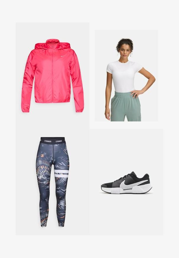 Roza jakna Nike iz lahkega materiala, z zadrgo spredaj, nastavitvenim kapuco in elastičnimi manšetami za prilegan videz.; Bela prilegajoča majica s kratkimi rokavi, kombinirana z lahkimi hlačami z elastičnim pasom v svetlo zeleni barvi. Gladka tekstura, minimalistična zasnova in brez vidnih vzorcev.; Visoko pasne legice iz elastičnega materiala, ki prikazujejo temen abstrakten vzorec z barvnimi poudarki in belimi vodoravnimi črtami.; Črno-bele športne čevlje z teksturirano zgornjim delom, izrazitim Nike swooshom in kontrastnim dizajnom podplata za izboljšano oprijemljivost in stabilnost.