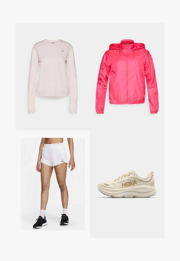 Rožinė Nike striukė, pagaminta iš lengvos medžiagos, su užtrauktuku priekyje, reguliuojama kapuce ir elastinėmis rankovėmis, suteikiančiomis prigludusią išvaizdą.; Šviesiai rožinė ilgomis rankovėmis marškinėliai su apvaliu iškirpimu, tekstūruotas audinys ir mažas pilkas logotipas ant krūtinės. Lygus apykaklės kraštas apačioje.; Balti sportiniai šortai su iškiliais juosmens dirželiais, šoninėmis skeltukėmis ir juodu Nike logotipu. Dėvimi su juodais sportbačiais ir baltais aukštais kojinėmis.; Šviesiai smėlio spalvos bėgimo batai su tinklo viršumi, paminkštintu apvadu, išskirtiniu auksiniu "HOKA" logotipu ir storu, paminkštintu padu patogumui.